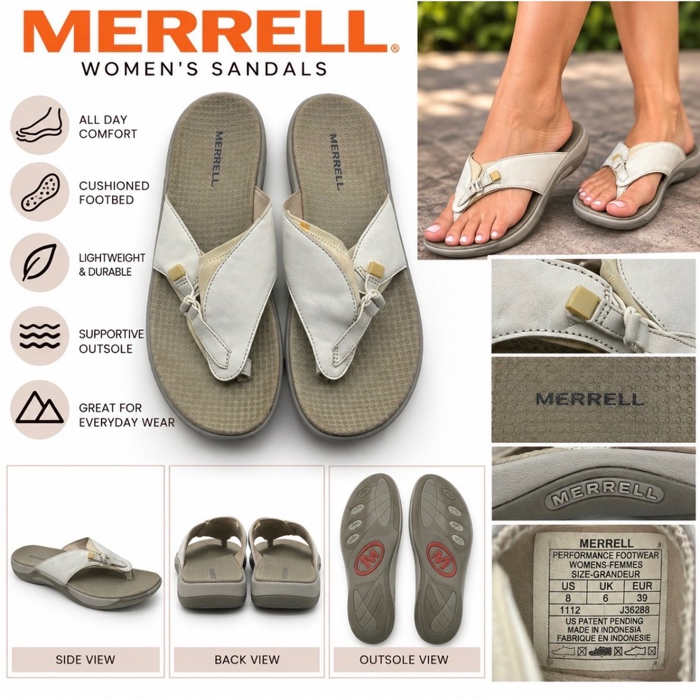 Merrell White Leather Thong Sandals Toe Loop Slides Womens 8